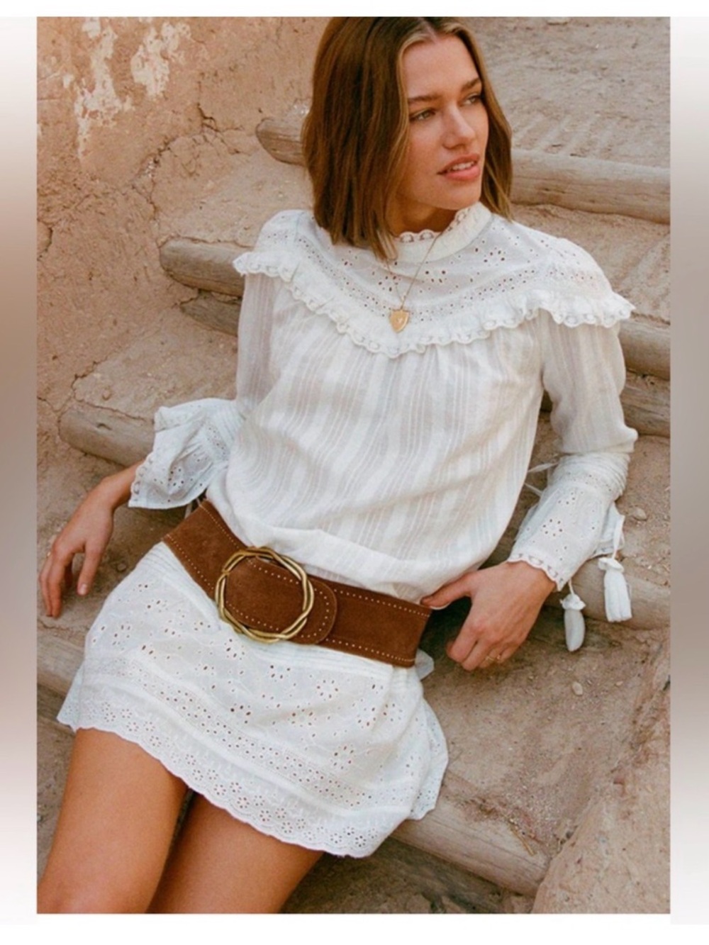 Spell x Free People Whimsy Garden Lace White Eyelet Tie-Waist Mini Dress - Picture 5 of 12